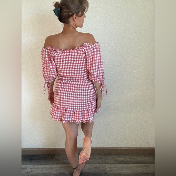 MABLE Pink White Check Ruffle Dress Smocked Stretch Medium Bodycon - Picture 6 of 11